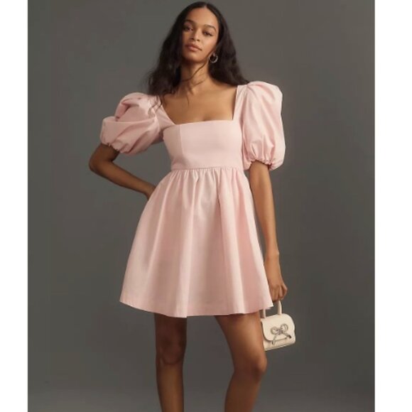Anthropologie Maeve Puff-Sleeve Pink Cotton Mini Dress - Picture 1 of 6